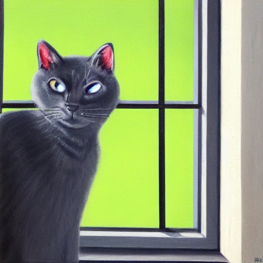 Dark gray cat with stripes, a white belly and green eyes looking out of a window, Oil Painting