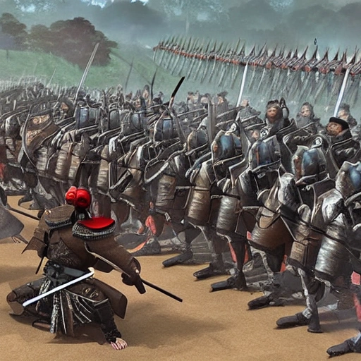 Visualize a powerful army of brave Japanese samurai in modern armor in a historical war