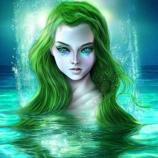 mermaid portrait green eyes mystical ocean with glowing water, digital art