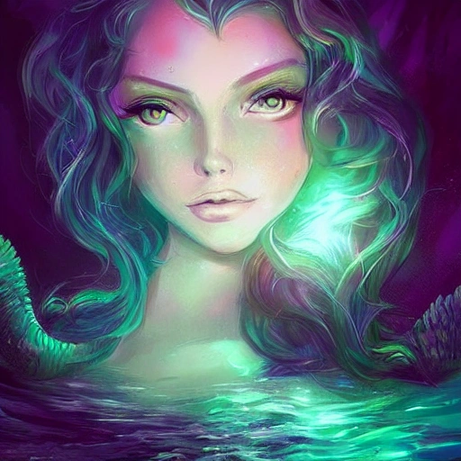 mermaid portrait green eyes mystical ocean with glowing water, digital art, artstation