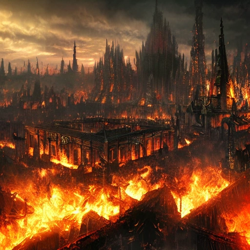 City of heretic hell, full of dark fire and foul demons and fallen human, photo, realistic, dark age style, HDR, Detailed, 8K, Render