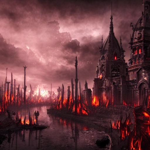 City of heretic hell, full of dark fire and foul demons and fallen human, photo, realistic, dark age style, HDR, Detailed, 8K, Render