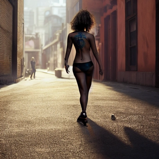 1 sexy girl, walking, brown skin, perfect breast, detailed face, tattoos, shadow effect, spotlight, city alley in the background, background blur, hyperrealistic, photografic, 8k, epic ambient light, octane render