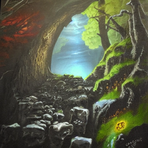 the darkeningstone, fantasy, portal, quarry, woodland, , Oil Painting