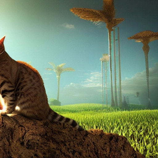 cat in a dystopian paradise in 4k, 3D