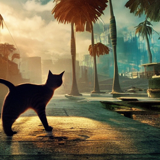 cat in a dystopian paradise in 4k