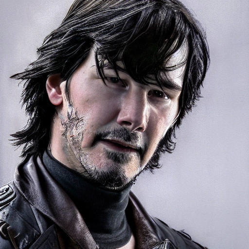 Close up Portrait of a young, handsome man, Keanu Reeves, black hair, matrix like Mary Read, highly detailed leather clothing, high details, perfect and intricate composition, beautiful detailed rendering of octane fashion in art station, photography of fine art 8k art, photorealistic concept art, cinematic perfect soft lighting, natural, cinematic volume, chiaroscuro, award winning photography, masterpiece, trending art station, sharp focus, intricate details, academic figuration, painting by boris vallejo, Greg Rutkowski, Alphonse Mucha. Caravaggio, Oil Painting