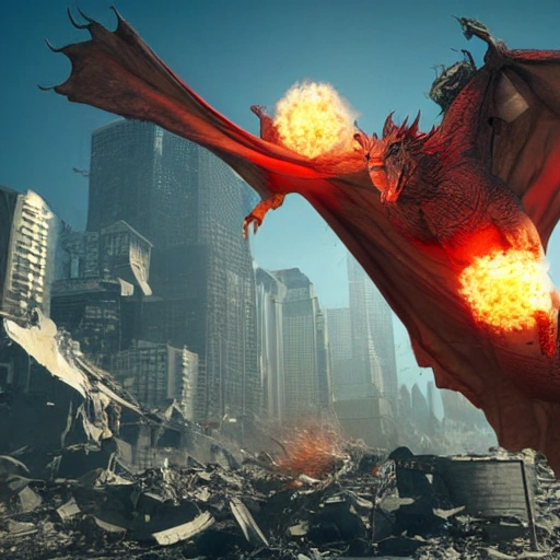 Human with levitation superpower is hovering above destroyed city of earth fighting elder dragon of fire, 3d, detailed, 8k