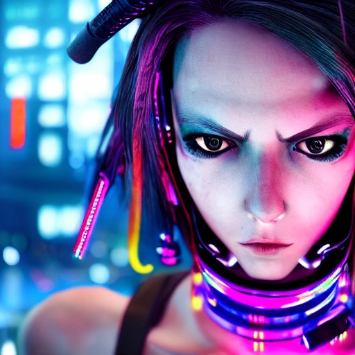 side close up portrait of 1 cyberpunk girl, detailed face, spotlight, cyberpunk city, wired, multicolored, vibrant high contrast, hyperrealistic, photografic, 8k, epic ambient light, octane render