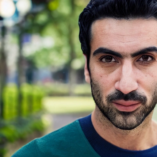 An ultra-realistic portrait of a Spanish man in his 30s, sporty, with an athletic body, dark complexion, black hair cut fashionably, green eyes, wearing a casual outfit in neutral colors on the main avenue of a beautiful city, in a sunny day, full length image, with the background blurred with a f2.4 bokeh