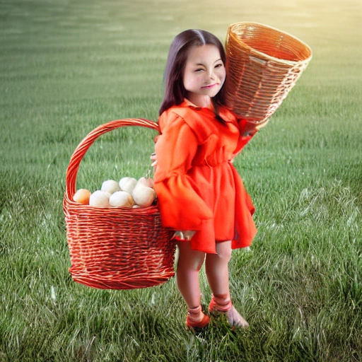 Girl with orange basket dressed in red outfit, 3D