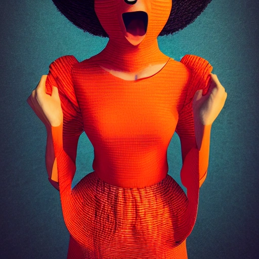 Girl with orange basket dressed in red outfit, 3D, Trippy