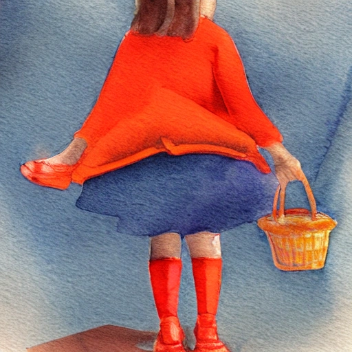 Girl with orange basket dressed in red outfit, 3D, Trippy, Water Color