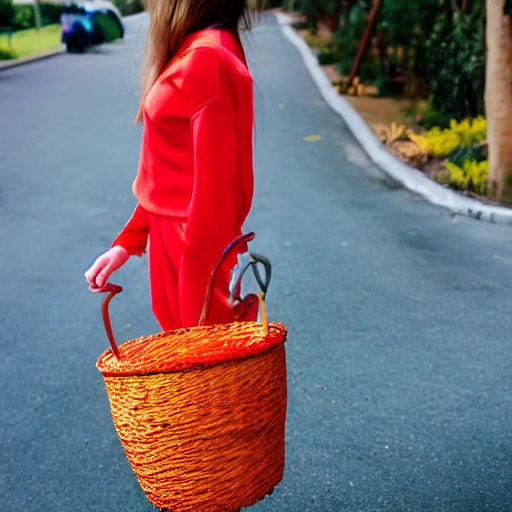 Girl with orange basket dressed in red outfit, Trippy