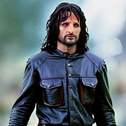 Aragorn as an 80's Detective Film wearing a retro leather jacket, Detailed, Photo realistic, 8k, retro