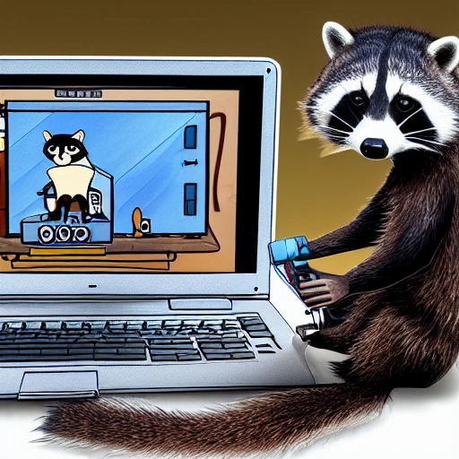 Raccoon fixing computer, Cartoon, 3D, Tripp