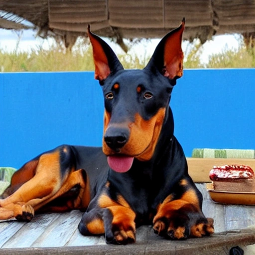 doberman cafe en el pasto y feliz