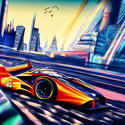 a portrait of a fast running racing car, modern city in the background, colorful, hyperdetailed, intricate, concept art, smooth, 3d, 8k resolution wallpaper, trending on artstation