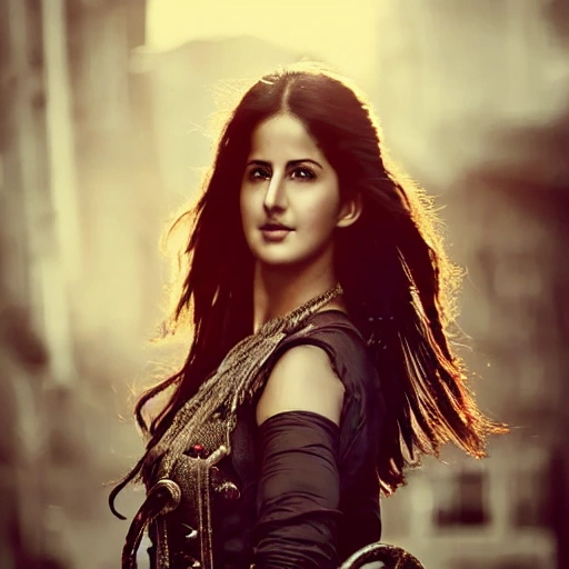 katrina kaif, detailed, close up portrait of girl standing in a steampunk city with the wind blowing in her hair, cinematic warm color palette, spotlight, perfect symmetrical face