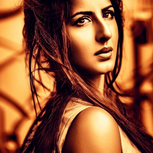 katrina kaif, detailed, close up portrait of girl standing in a steampunk city with the wind blowing in her hair, cinematic warm color palette, spotlight, perfect symmetrical face