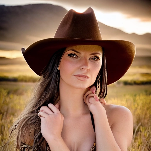 professional portrait photograph of gorgeous rancher girl, (((sultry flirty look))), nude, seductive, alluring, beautiful symmetrical face, cute natural makeup, (wearing brown cowboy hat), (wearing traditional clothing), confident pose, elegant, feminine, ((Utah landscape in background)), wild west, ultra realistic, character concept art, highly detailed, intricate, (sharp focus), 85mm, medium shot, mid shot, (centered image composition), ((professionally color graded)), ((bright soft diffused light)), volumetric fog, trending on instagram, trending on tumblr, hdr 4k, 8k