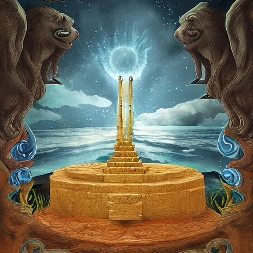 Epic image, base in three levels, the first one is god observing the second one, the flat earth full of animals and nature and under it, supported by pillars, is the underworld to explain the cosmo vision of the old civilizations, digital art, Water Color