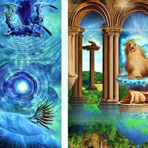 Epic image, base in three levels, the first one is god observing the second one, the flat earth full of animals and nature and under it, supported by pillars, is the underworld to explain the cosmo vision of the old civilizations, digital art, Water Color