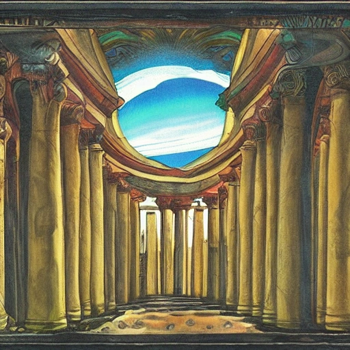 Epic image, base in three levels, the first one is god observing the second one, the flat earth full of animals and nature and under it, supported by pillars, is the underworld to explain the cosmo vision of the old civilizations, digital art, Water Color