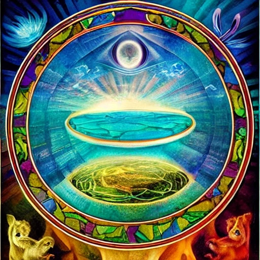 Epic image, base in three levels, the first one is god observing the second one, the flat earth full of animals and nature and under it is the underworld to explain the cosmo vision of the old civilizations, digital art, Water Color