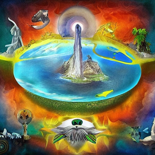 Epic image, based on three levels, the first one is god observing the second one, the flat earth full of animals and nature, and under it,  is the underworld to explain the cosmo vision of the old civilizations, digital art, Water Color