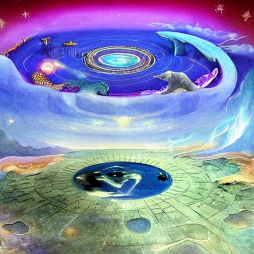 Epic image, based on three levels, the first one is god observing the second one, the flat earth full of animals and nature, and under it,  is the underworld to explain the cosmo vision of the old civilizations, digital art, Water Color