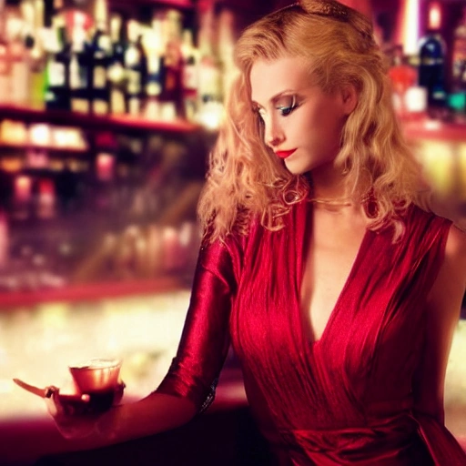 blonde woman blue eyes wearing a long flowing red dress, requesting a cocktail at a bar, on new years eve, in a bladerunner dystopian future