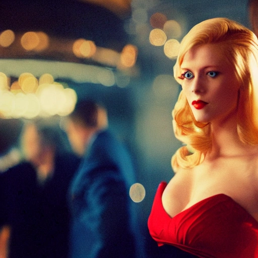 blonde woman blue eyes wearing a long flowing red dress, requesting a cocktail at a bar, on new years eve, in a bladerunner dystopian future