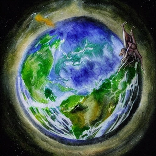 Epic image, where appear the earth and the underworld being see it for God, Water Color