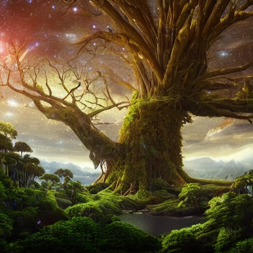 Illustration of a hyperrealistic , otherworldly, ultrasky scene featuring a giant crystal tree full body,very detailed and magical lighting, intricate forest details, vegetation and river around, solarpunk ,landscape, giant tree, beatifull leafy with beautiful lighting and realistic proportions, as if it were a cinematic background, 8k, highest quality, masterpiece, clouds and stars in the sky.

, Trippy