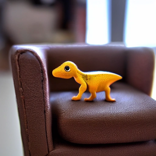 tiny dino using a brown furniture as a sit 