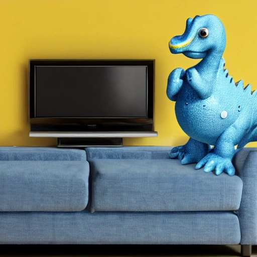 Blue dino with yellow stains watching tv in a furniture 