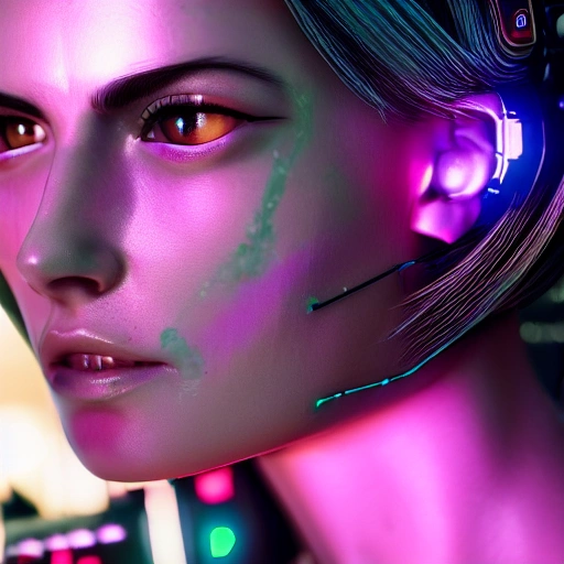 side close up portrait of 1 cyberpunk girl, detailed face, spotlight, cyberpunk city, wired, multicolored, vibrant high contrast, hyperrealistic, photografic, 8k, epic ambient light, octane render