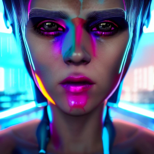 portrait of 1 cyberpunk girl, detailed face, coloured makeup, spotlight, cyberpunk city, wired, multicolored, vibrant high contrast, hyperrealistic, photografic, 8k, epic ambient light, octane render