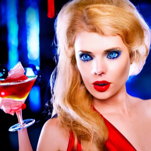 blonde woman blue eyes wearing a long flowing red dress, requesting a cocktail at a bar, on new years eve, in a bladerunner dystopian future