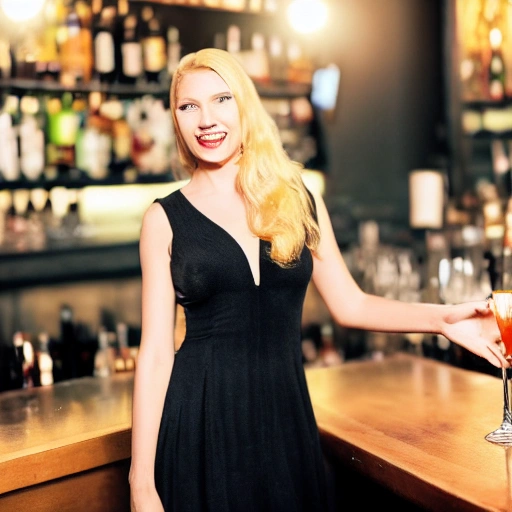 blonde woman blue eyes wearing a long black dress, requesting a cocktail at a bar, on new years eve