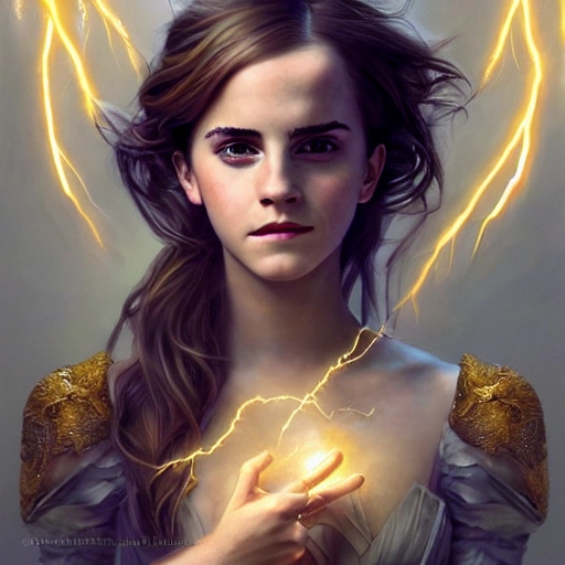 Emma Watson as a powerful mysterious sorceress, casting lightning magic, detailed clothing, digital painting, hyperrealistic, fantasy, Surrealist, full body, by Stanley Artgerm Lau and Alphonse Mucha, artstation, highly detailed, sharp focus, sci-fi, stunningly beautiful, dystopian, iridescent gold, cinematic lighting, dark