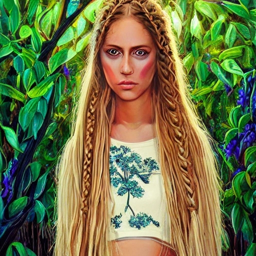 digital art, beautiful woman, braided blonde hair, midriff exposed, midriff long brownish skin, round face, long neck, long chest, multiple chestholes, opalescent dress outfit, by Giger and Bougainvilleis, Oil Painting