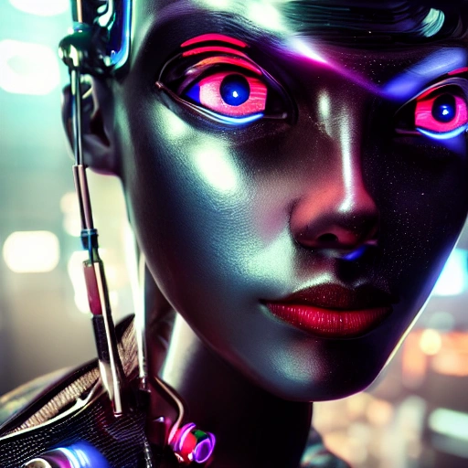 beautiful girl, side close up portrait of 1 cyberpunk girl, detailed face, spotlight, wired, vibrant high contrast, hyperrealistic, photografic, 8k, octane render, robotic parts, rim light, vibrant details, luxurious cyberpunk, elegant, beautiful background