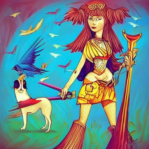 women with sword and dogs and birds
, Trippy