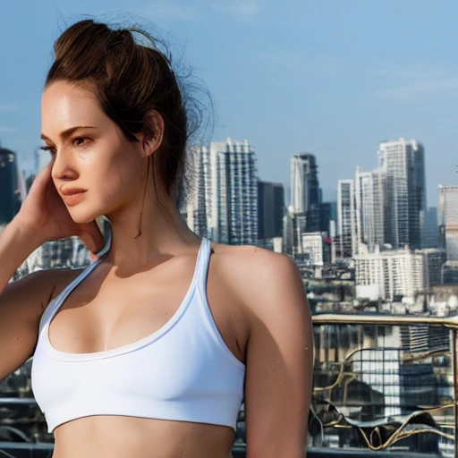 professional photo of a beautiful young woman, gorgeous beauty, sweaty pale skin, symmetrical face, wearing white sports bra, toned stomach, perfect boobs, dense voluminous hair, rooftop terrasse gym in background, penthouse environment, stunning background with city view, cinematic lighting, highly detailed, intricate, sharp focus, (((depth of field))), (((f/1.8))), 85mm, (((professionally color graded))), (((dusk))), soft diffused light, volumetric fog, hdr 4k, 8k

