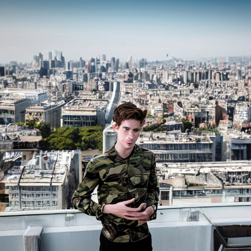 professional photo of a beautiful young man, drunk, sweaty pale skin, symmetrical face, wearing camouflage jacket, shotgun in hand,  toned face, dense voluminous hair, rooftop terrasse gym in background, penthouse environment, stunning background with city view, cinematic lighting, highly detailed, intricate, sharp focus, (((depth of field))), (((f/1.8))), 85mm, (((professionally color graded))), (((dusk))), soft diffused light, volumetric fog, hdr 4k, 8k

