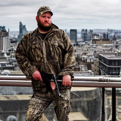 professional photo of a real red neck fat hunter, drunk, bottle of vodka, symmetrical face, wearing camouflage jacket, shotgun in hand,  toned face, dense voluminous hair, rooftop terrasse gym in background, penthouse environment, stunning background with city view, cinematic lighting, highly detailed, intricate, sharp focus, (((depth of field))), (((f/1.8))), 85mm, (((professionally color graded))), (((dusk))), soft diffused light, volumetric fog, hdr 4k, 8k

