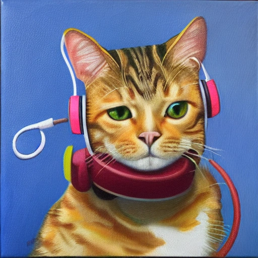 cat with headphones, Oil Painting