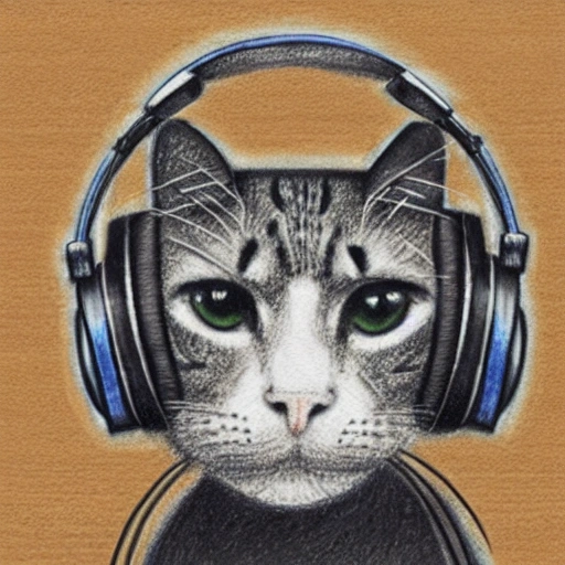 cat with headphones, Pencil Sketch Arthub.ai